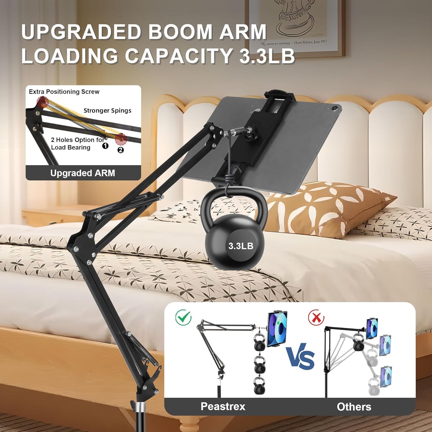 Peastrex Tablet Floor Stand with 12lb Stable Base Overhead Bed Ipad Phone Holder Mount with Adjustable Height Stretchable Arm for 4.5-13in iPad Pro Air Mini 12.9/9.7, Kindle, Galaxy Tab, CellPhones