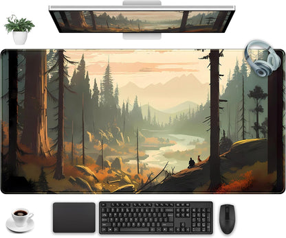 Desk Mat Gaming Desk Pad Valleys, Forest Mouse Pad XXL Extended Large Mouse and Keyboard Mat, Computer Desktop Mat with Non-Slip Base & Stitched Edges, Aesthetic Nature Desk Decor 31.5" x 15.7"