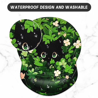 ITNRSIIET Ergonomic Mouse Pad with Gel Wrist Support Small Wrist Rest Smooth Surface Non-Slip PU Base Comfortable Office Supplies Pain Relief, 8.7 x 7.2 inches, Green Leave Cat