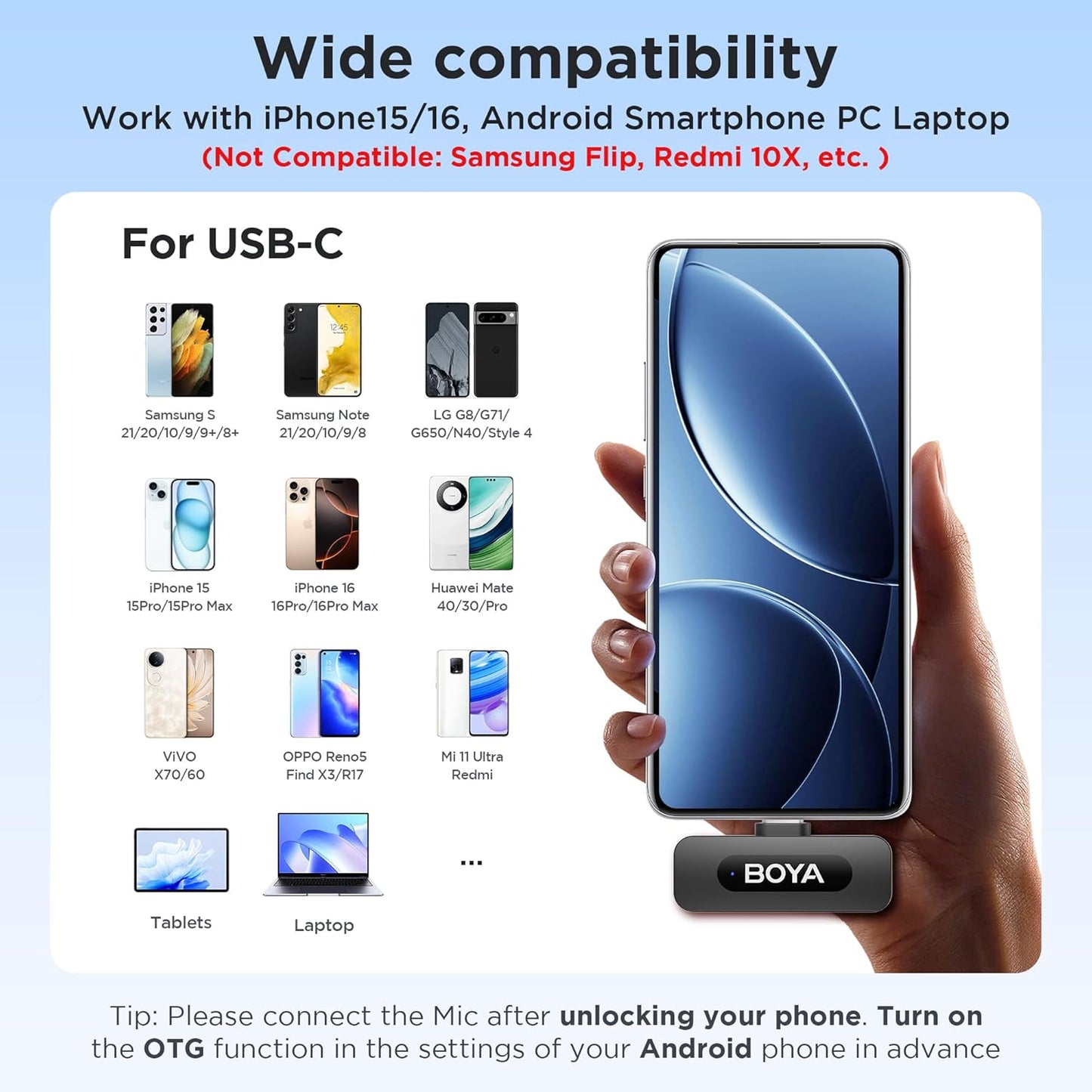 BOYA BY-V30 Wireless Lavalier Microphone,USB Type-C Mini Laple Mics for iPhone16,Android Smartphone,36H Battery,Noise Reduction,328FT Range Clip-on Condenser Mic for YouTube Interview TikTok