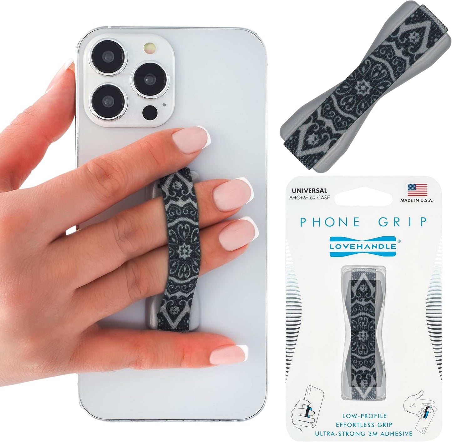 LOVEHANDLE Universal Phone Grip for Smartphones & Mini Tablets - Phone Holder for Hand - Wireless Charging Compatible - Made in The USA - Boho Silver