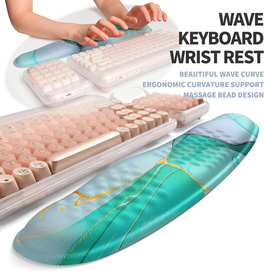 2-in-1 Ergonomic Set, Wave Keyboard Wrist Rest and Massage Slope Mouse Pad Wrist Support, Rebound Memory Foam for Relieve Carpal Tunnel Syndrome and Wrist Pain (Green Gold Marble)