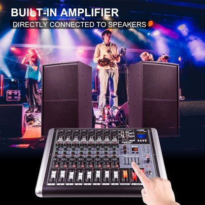 Mixers Audio 8 Channel Mixer Power Mixer Amplifier 2 * 300 Watt Output Dj Mixer Board with 16 Kinds of DSP Reverb Sound Mixers for Speakers