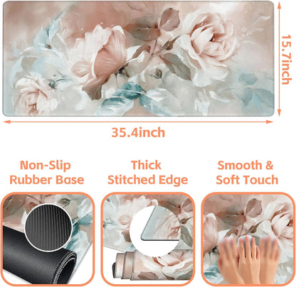 Mouse Pad Large Rose and Leaves Non-Slip Game Desk Mat with Stitched Edge Laptop Keyboard Desk Pad for Work Home Gaming (35.4 x 15.7 Inches)