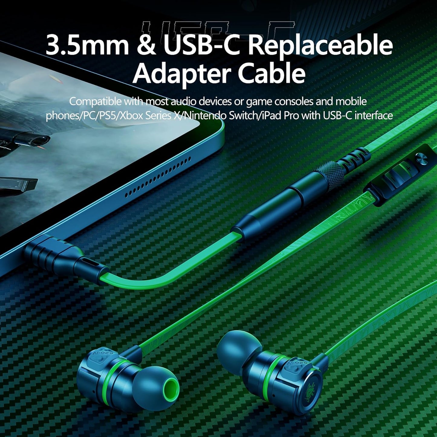 Gaming Earbuds Wired, USB C & 3.5mm Dual Plug in Ear Headphones with Mic and Volume Control for Small Ears, Stereo Bass Noise Isolating Earphones for PC/PS4/PS5/Xbox Series/Switch/Sleep/Sport/Workout