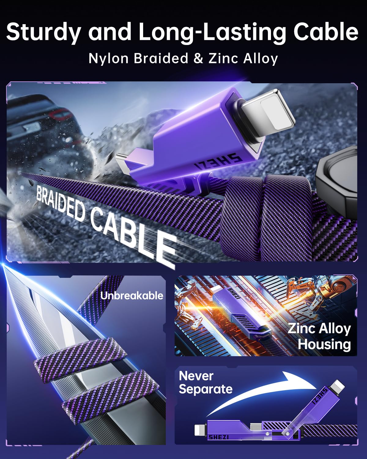 SHEZI [Upgraded 2.0] 4-in-1 Long USB C Cable 60W 10FT Fast Charging [480Mbps Data Sync] Flat Nylon Braided Charger Cord Combo, USB A/C to C/L Multi Charge Cable for iPhone/iPad & Most Devices, Purple