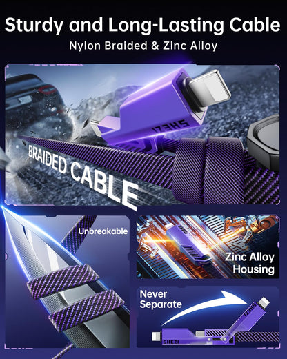 SHEZI [Upgraded 2.0 4-in-1 USB C Cable 60W 5FT Fast Charging [480Mbps Data Transfer] Flat Nylon Braided Charger Cord Combo, USB A/C to C/L Multi Charge Cable for iPhone/iPad & Most Devices, Purple