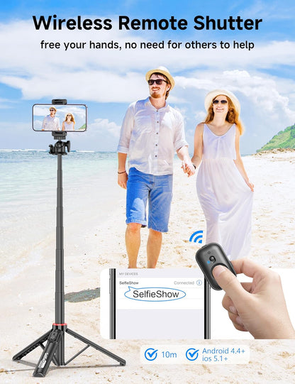 Aluminum Selfie Stick Phone Tripod, 360° Ball Head Selfie Stick for iPhone with Cold Shoe, Extendable Smartphone Tripod Stand with Remote Portable Travel Tripods Compatible with iPhone 16/15/Android