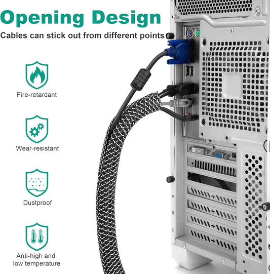 ZhiYo 6.6ft - 1 inch Cable Sleeve, Cord Wrap Wire Protector Tubing for Pets, PC Cable Wrap, Computer Cable Management Sleeve - Black - White