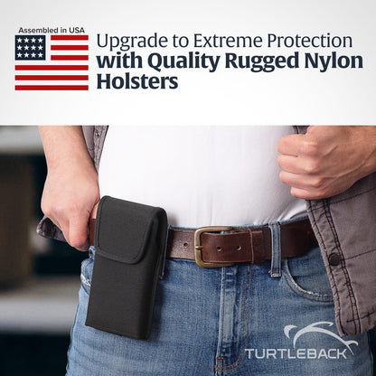 Turtleback Belt Clip for iPhone 16 Pro, 16e, 15 pro 14 Pro 13 Pro -Medium- Fits w/Shockproof Commuter Style Cases - Premium Black Nylon, Vertical Belt Holder, Magnetic Closure, HD Rotating Clip