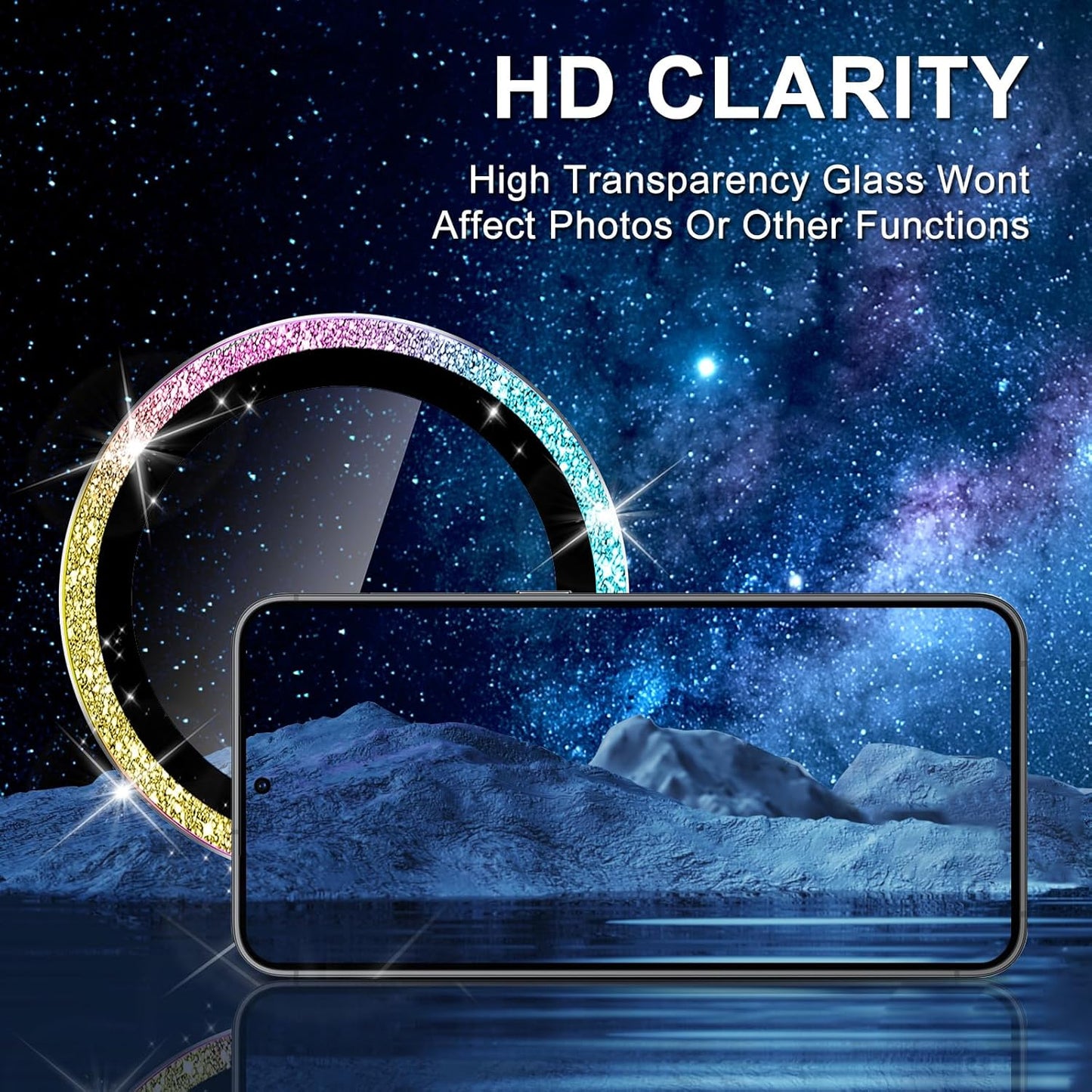 for Samsung Galaxy A35 5G Camera Lens Protector, Individual Metal Ring Tempered Glass Lens Cover, [Strong Adsorption] Scratch Resistant Ultra-Thin HD Clear Lens Cover, 1 Set-Colorful Sparkly