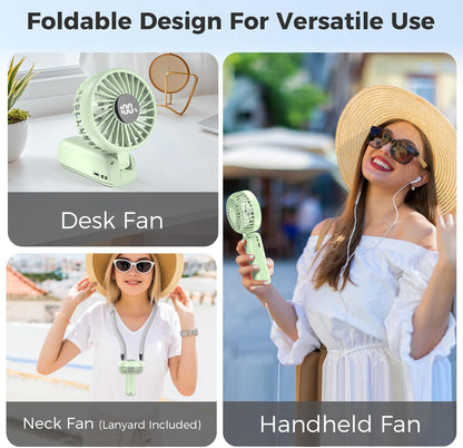 Portable Handheld Fan, 5000mAh Rechargeable Battery, Max 15H Cooling, 4 Speeds, LED Display, Foldable Design, 3-IN-1 Personal Pocket Fan with lanyard for Travel Outdoors Makeup Concert Commute