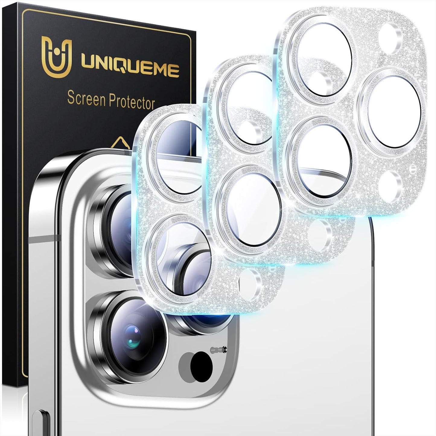 UniqueMe 3 Packs Compatible for iPhone 14 Pro Max/iPhone 14 Pro Camera Lens Protector Acrylic [Not Glass],[Case Friendly][Scratch-Resistant][Night Shooting Mode]-Glitter Silver