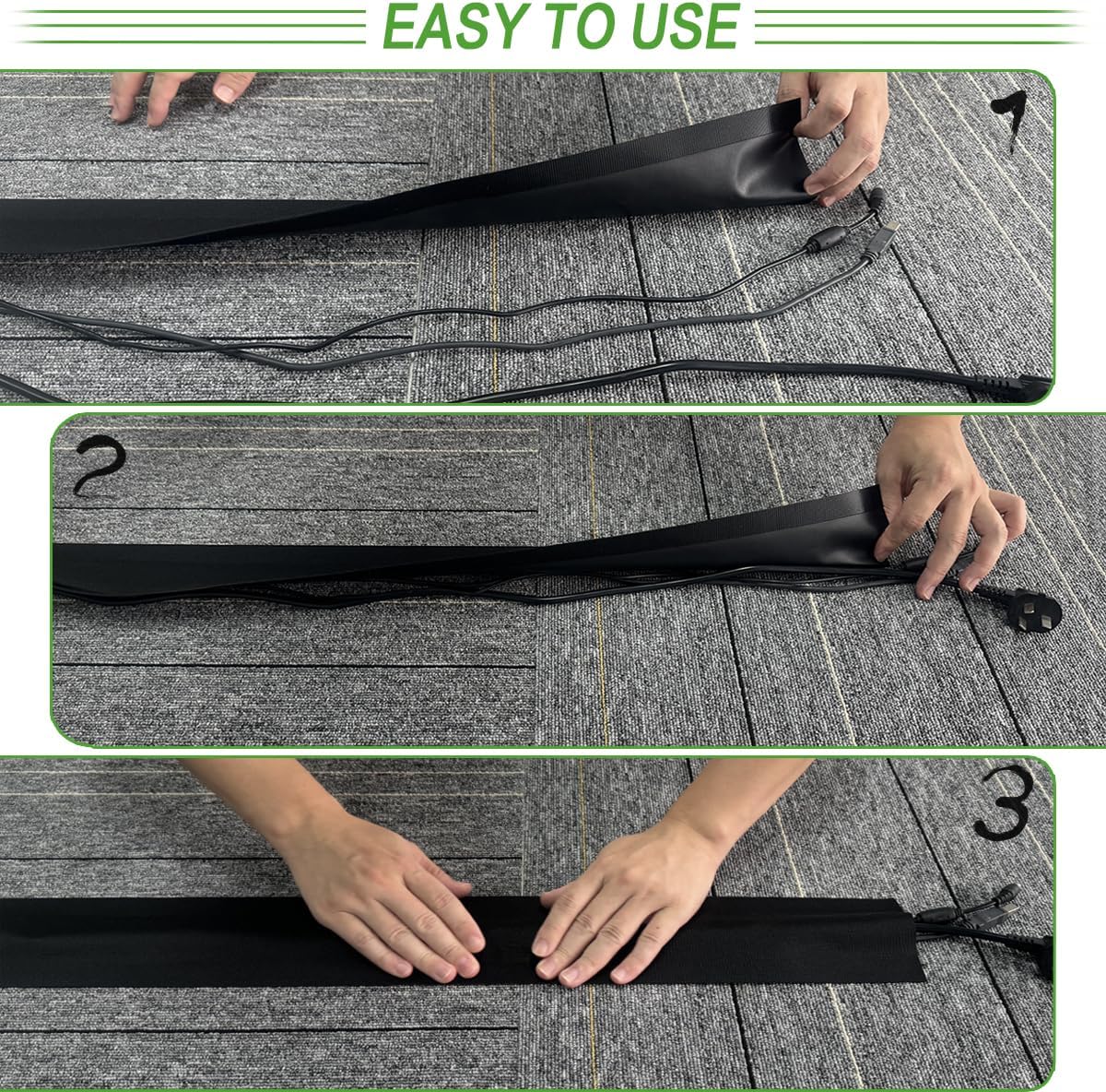 Floor Cable Covers - 20ft Oxford Fabric Cord Protector with Adhesive Hook & Loop,Waterproof Wire Storage Sleeve for Any Floor Surface,Durable Cable Management to Prevent Tripping Hazards (Black, 20ft)