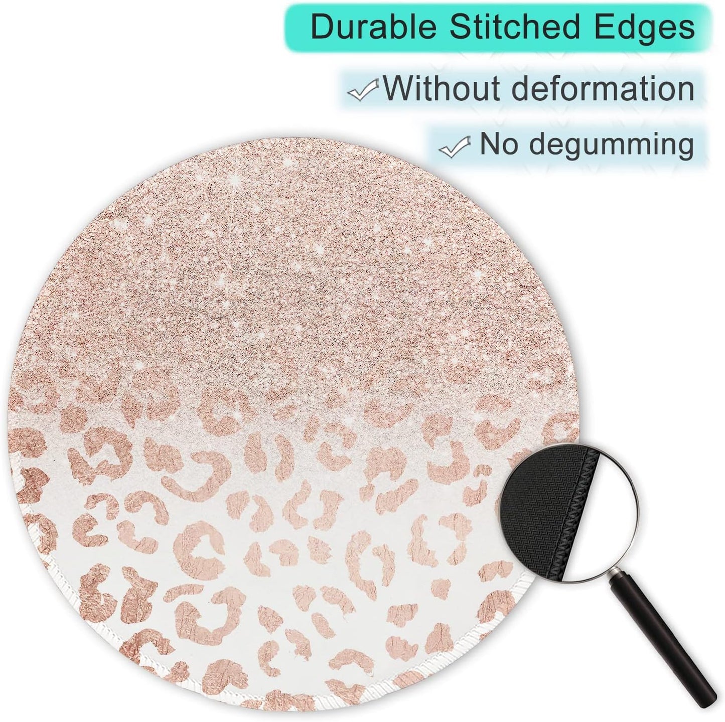 ITNRSIIET Round Mouse Pad with Stitched Edge Premium-Textured Waterproof Non-Slip Rubber Base Desktop Protection Mat Diameter 8.7 inches, Rose Gold Leopard Print