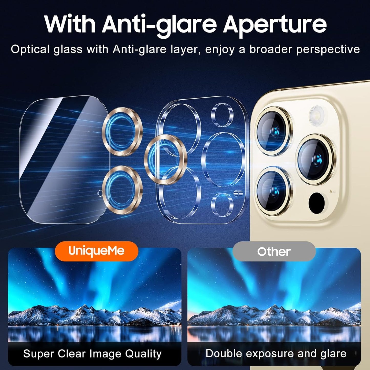 UniqueMe Compatible for 3 Pack iPhone 15 Pro/iPhone 15 Pro Max Camera Lens Protector, [Drop Protection] [Case Friendly] 9H Tempered Glass Camera Cover Screen [2023 New Version]- Gold