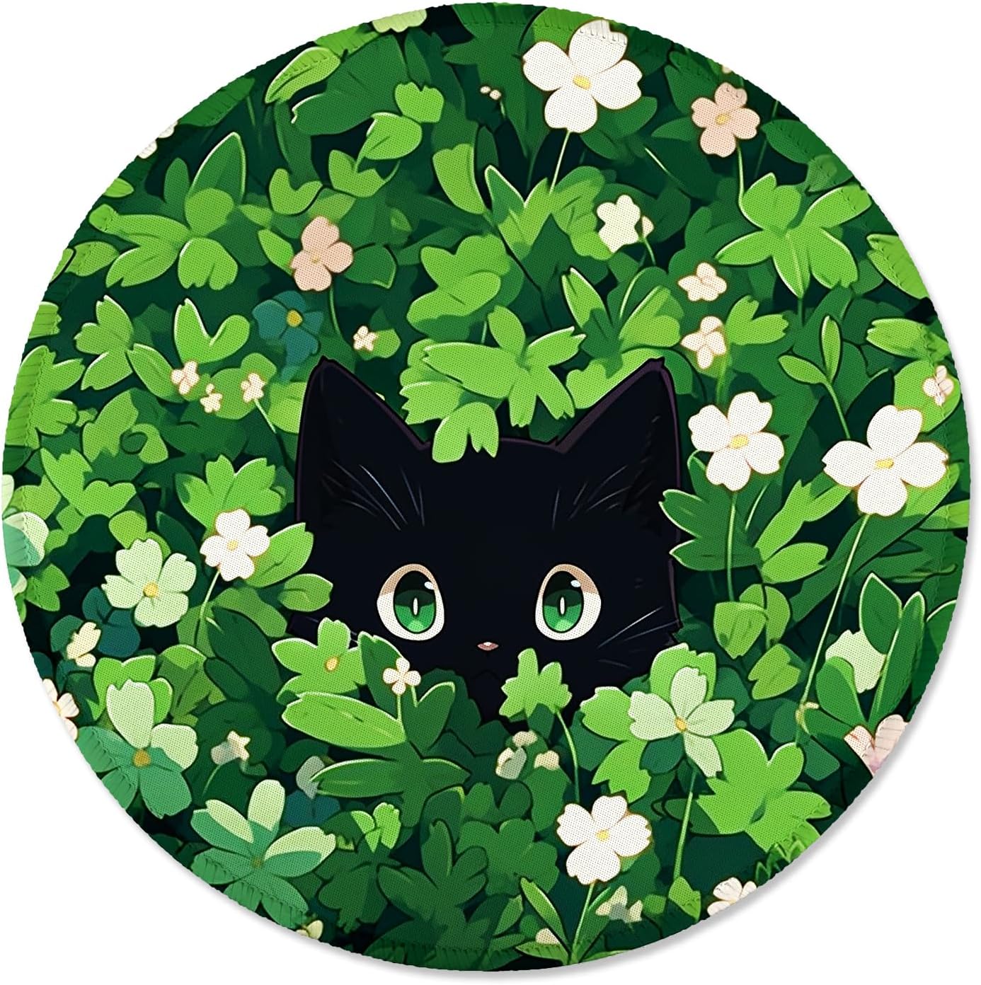 ITNRSIIET Round Mouse Pad with Stitched Edge Premium-Textured Waterproof Non-Slip Rubber Base Desktop Protection Mat Diameter 8.7 inches, Green Leave Cat