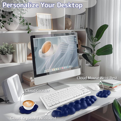 Cloud Wrist Rest Keyboard, Cloud Keyboard Wrist Pad Set with PU Leather Memory Foam, Cute Arm Rest for Palm Support, PC/Gaming Desk Accessories/Office Setup/Computer Hand Cushion - Dark Blue