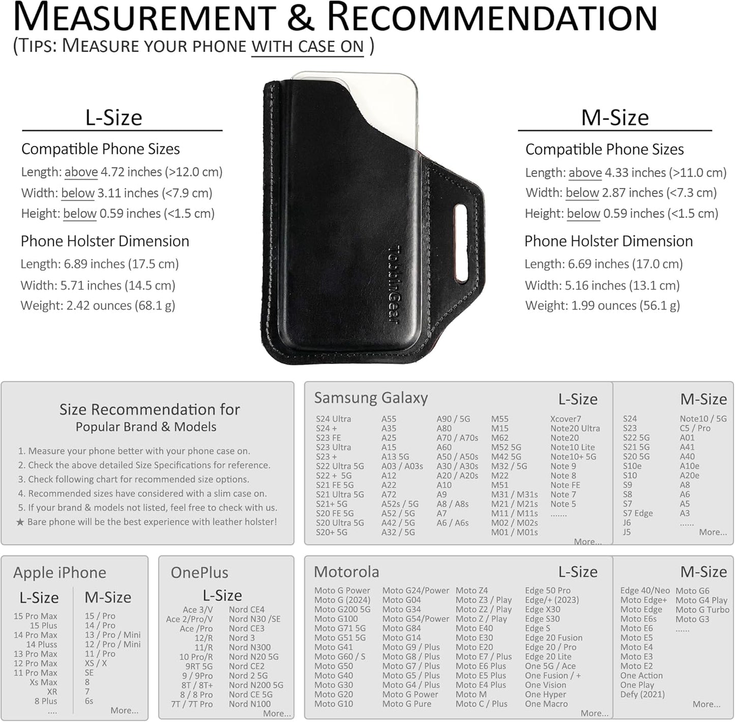 TobbinGear Leather Belt Phone Pouch, Left Handed Leather Cell Phone Holster, Universal Phone Case with Belt Loops, for Men and Women Black Large