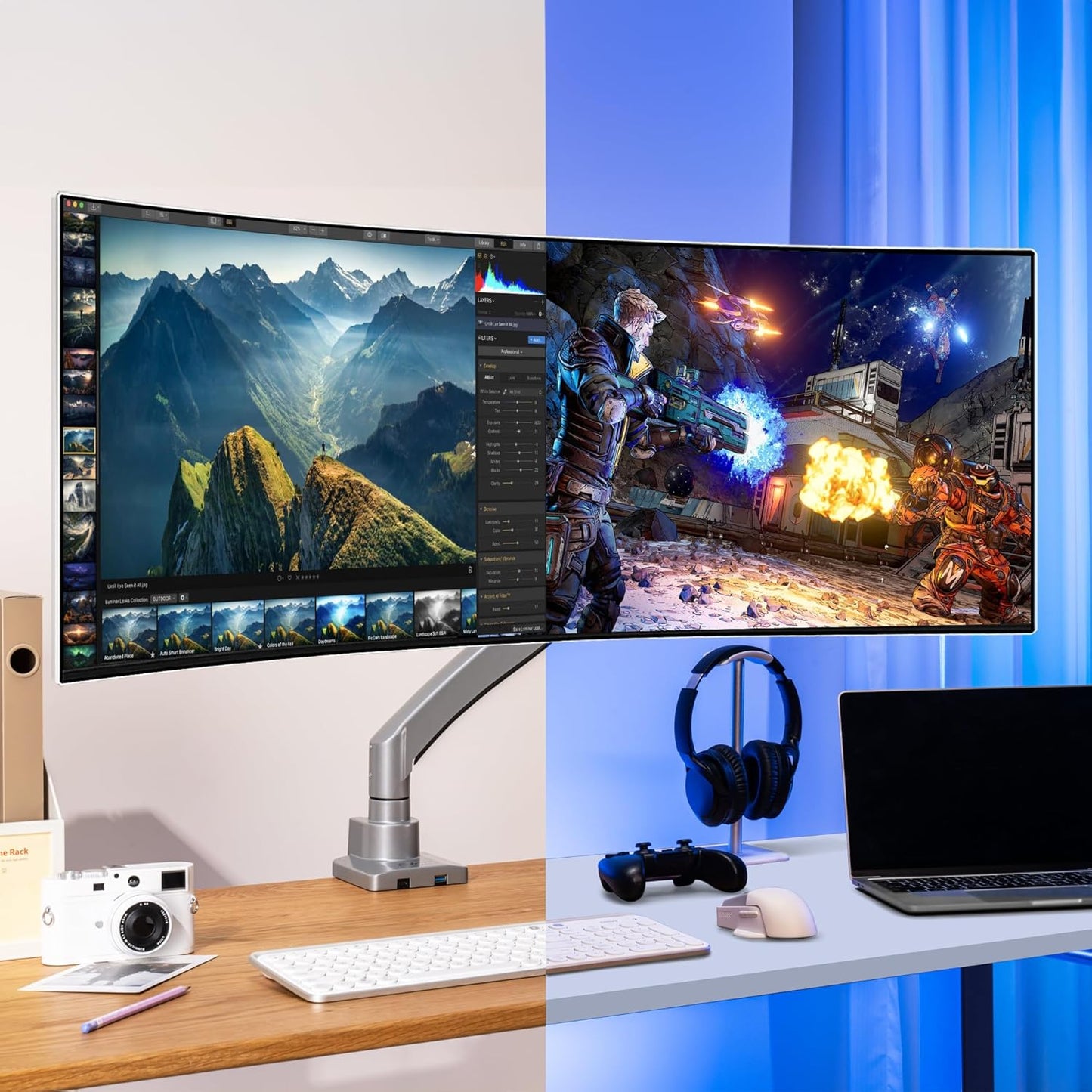 AVLT Single 17"-57" Super Ultrawide Monitor Arm for Screens Up to 59.5 lbs, Premium Aluminum Desk Stand, Adjustable Pneumatic Height, Full Motion Swivel Tilt Rotation, USB-C & USB-A Ports, Gray