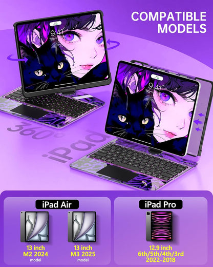 Intermerge Clear Keyboard Case for iPad Air 13" (M3/M2, 2025/2024) & Pro 12.9" (2022-2018) - 360° Rotatable Trackpad, RGB Backlit Keyboard, Pencil Holder, Power Indicator, Type-C, Neon Pulse