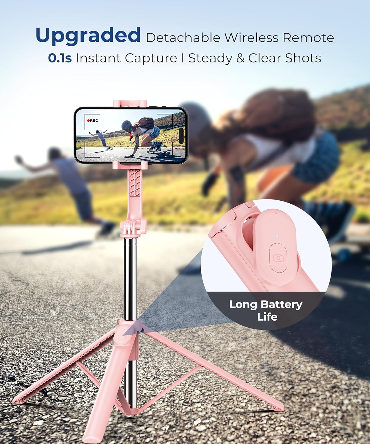 67‘’ Selfie Stick Tripod, Phone Tripod with Wireless Remote Control, Portable Selfie Stick for Photograph, Live Streaming, Video Recording, Compatible with All Cell Phones, Pink