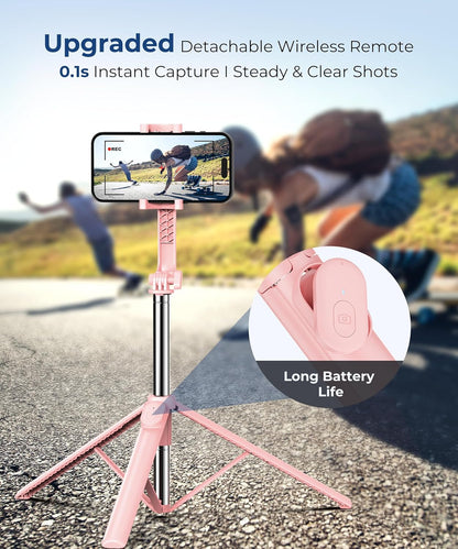 67‘’ Selfie Stick Tripod, Phone Tripod with Wireless Remote Control, Portable Selfie Stick for Photograph, Live Streaming, Video Recording, Compatible with All Cell Phones, Pink