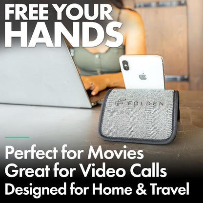 Folden Phone & Tablet Holder Stand 9x5” – Flexible Stand for Flying, Traveling, in-Flight, Zoom Video Calls, Books – Airplane Travel Essential, Compatible with iPhone, Android, Kindle (Tweed)