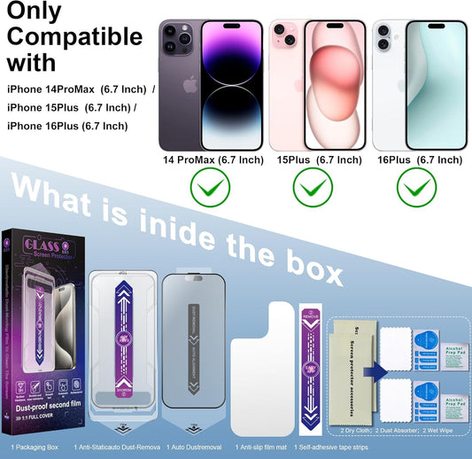 2 Pack Matte Screen Protector for iPhone 16 Plus and iPhone 15 Plus and iPhone 14 Pro Max 6.7-Inch Auto Dust Removal, No Bubbles, Tempered Glass Film, Easy Installation