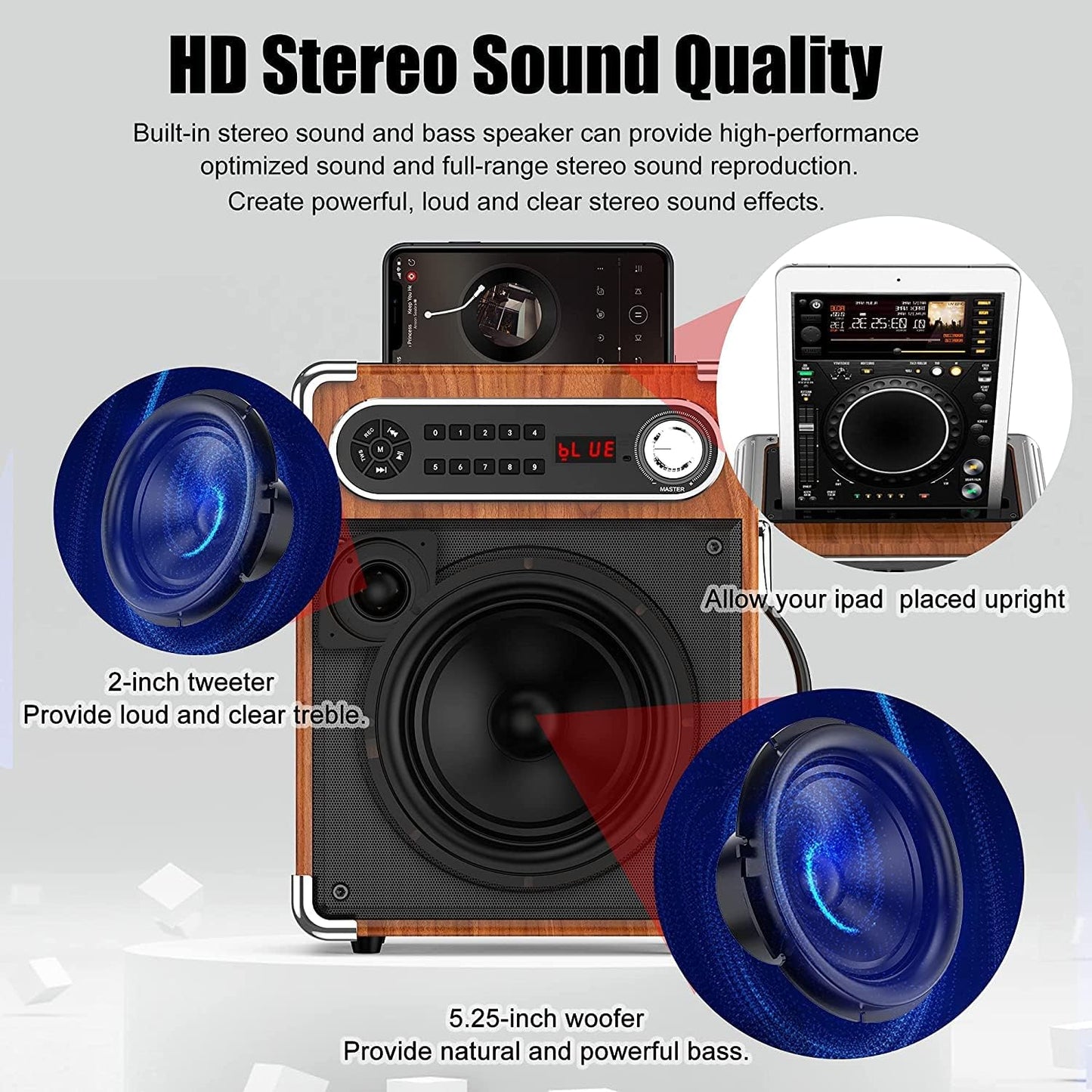 Bluetooth Speaker with Two Wireless Microphones, Outdoor Speaker with Subwoofer/Tweeter, Portable PA Speaker System with Remote Control, Discol Lights, FM, REC for Home, Party