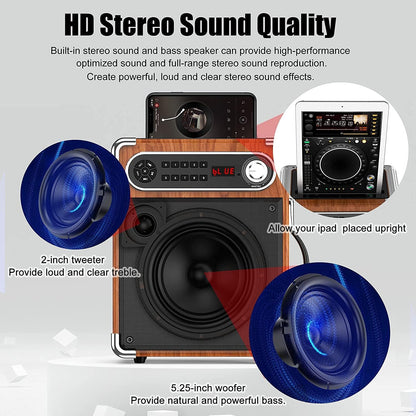 Bluetooth Speaker with Two Wireless Microphones, Outdoor Speaker with Subwoofer/Tweeter, Portable PA Speaker System with Remote Control, Discol Lights, FM, REC for Home, Party