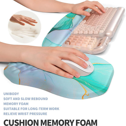 2-in-1 Ergonomic Set, Wave Keyboard Wrist Rest and Massage Slope Mouse Pad Wrist Support, Rebound Memory Foam for Relieve Carpal Tunnel Syndrome and Wrist Pain (Green Gold Marble)