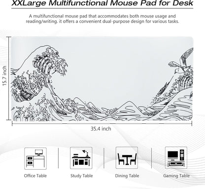 Large Gaming Mouse Pad for Desk,Kanagawa XXL Mouse Pad 35.4x15.7 Inch,Waterproof Desk Pad,Non-Slip Rubber Base Mice Pad,Keyboard Pad Computer Mat,White Mouse pad