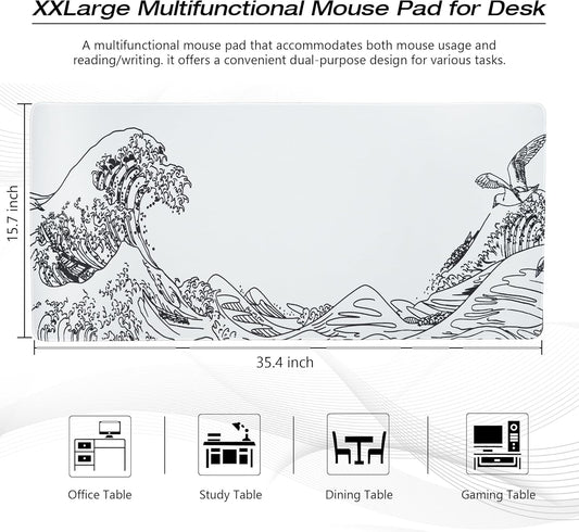 Large Gaming Mouse Pad for Desk,Kanagawa XXL Mouse Pad 35.4x15.7 Inch,Waterproof Desk Pad,Non-Slip Rubber Base Mice Pad,Keyboard Pad Computer Mat,White Mouse pad