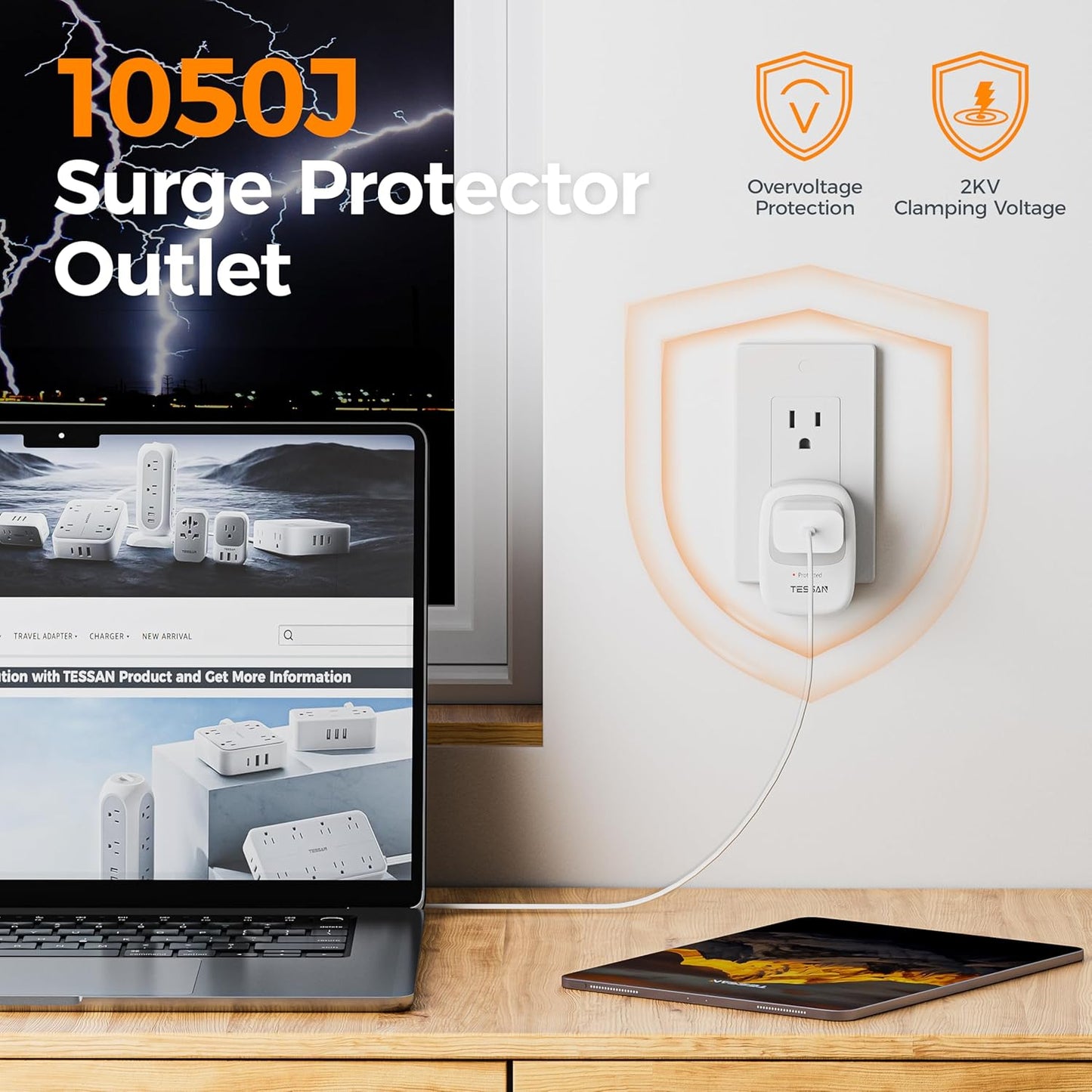 Surge Protector 1050 Joules, TESSAN Single Plug Surge Protector with Protected Light Indicator, 1875W Max Portable Wall Outlet for Appliances, TV, Computer, Refrigerator, Treadmill, Massage Chair