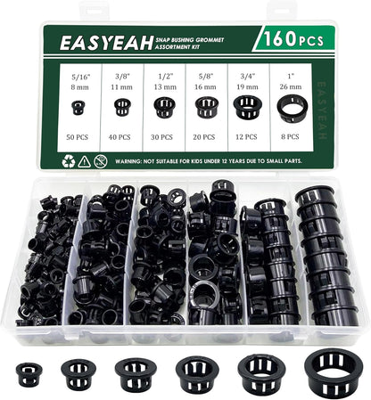 160 Pcs 6 Sizes Cable Snap-in Knockout Insulating Bushing Grommets Assortment Kit, 5/16, 3/8, 1/2, 5/8, 3/4, 1 Black Nylon Plastic Hole Grommets for Wiring, Wire Cord Hose Tubing Protector