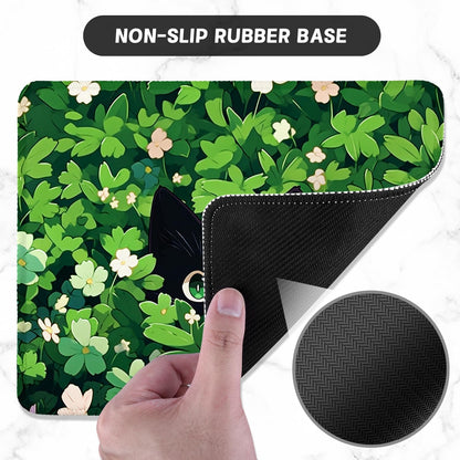 ITNRSIIET Mouse Pad with Stitched Edge Premium Textured Smooth Precise Operation Waterproof Washable Non-Slip Rubber Base Desktop Protection Mat, 10.2×8.3×0.12 inches, Green Leave Cat