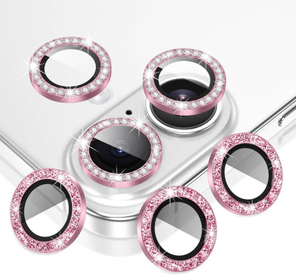AGVEE 3+3 6 Pack for iPhone 16 6.1" / 16 Plus 6.7" Camera Lens Cover Protector, Bling Diamond & Bling Glitter Metal Ring 9H Tempered HD Glass Camera Cover Protector Film, Bling-Pink