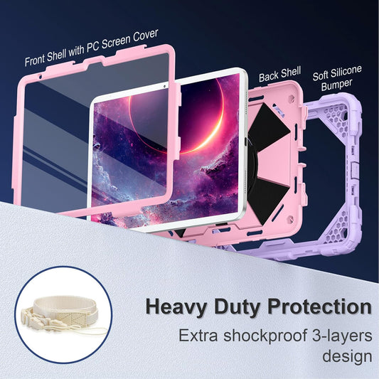 Case for iPad (A16) 11th Generation 11 Inch (2025), iPad 10th Generation Case 10.9 Inch (2022), Shockproof Cover with 360° Rotating Stand Screen Protector Pen Holder Shoulder Strap, Purple Pink