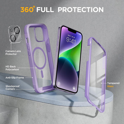 Miracase Magnetic for iPhone 14 Case 6.1", [Built-in Tempered Glass Screen Protector + Lens Protector] [Compatible with MagSafe] Full-Body Protective Bumper 14 Phone Cover, Purple