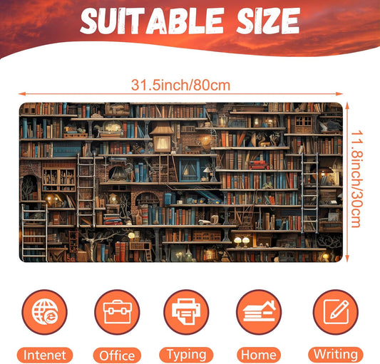 Desk Pad, Fantasy Shelves Desk Mat, Shelves Full of Books Large Gaming Mouse Pad for Desk, 31.5"x15.7" Extended Big Computer Keyboard Mouse Pad with Non-Slip Base and Stitched Edge