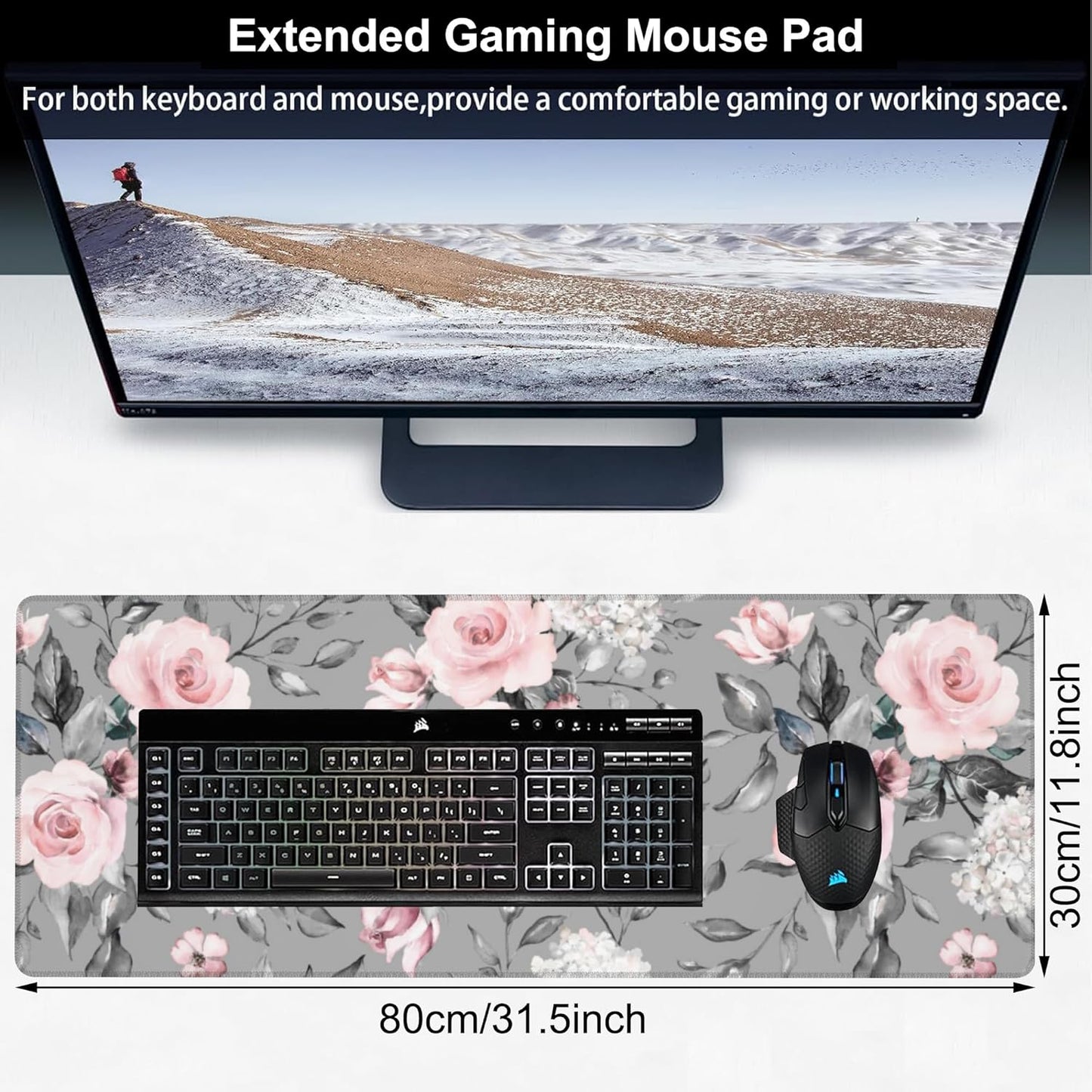 Pink Roses Desk Mat,Large Spring Blooming Flowers and Leaves Gaming Keyboard Mouse Pad,Non-Slip Rubber Base Desk Pad Thick Stitched Edges Waterproof Mousepad Mouse Mat 31.5"x11.8"