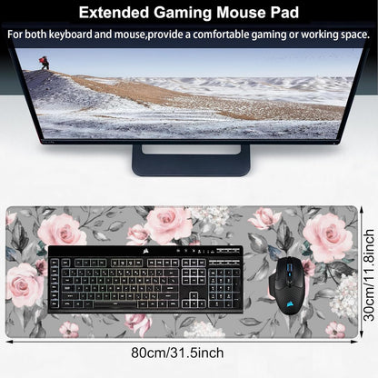 Pink Roses Desk Mat,Large Spring Blooming Flowers and Leaves Gaming Keyboard Mouse Pad,Non-Slip Rubber Base Desk Pad Thick Stitched Edges Waterproof Mousepad Mouse Mat 31.5"x11.8"