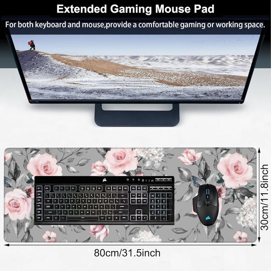 Pink Roses Desk Mat,Large Spring Blooming Flowers and Leaves Gaming Keyboard Mouse Pad,Non-Slip Rubber Base Desk Pad Thick Stitched Edges Waterproof Mousepad Mouse Mat 31.5"x11.8"