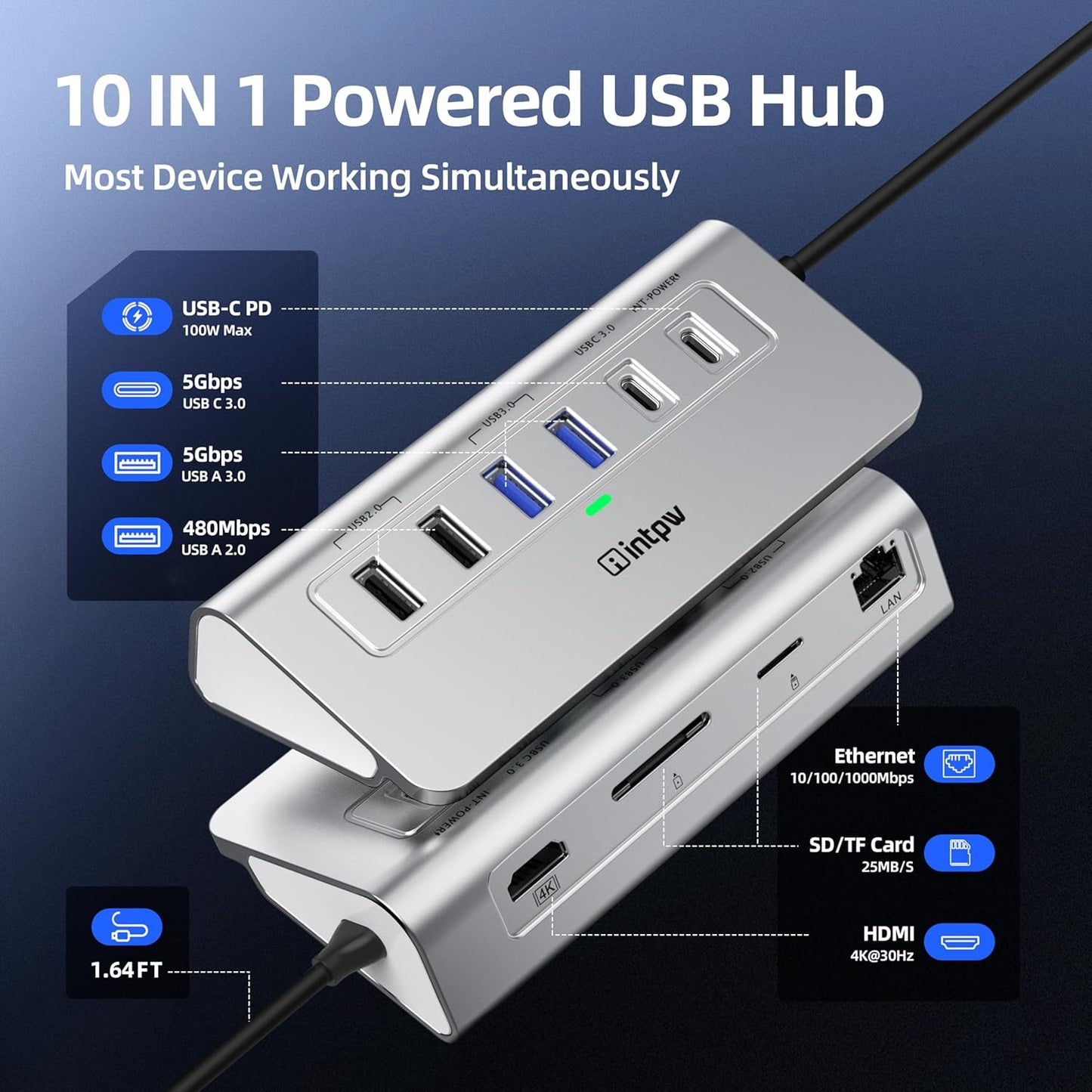 USB C Hub, 10-in-1 USB Docking Station, Aluminum USB to Ethernet Adapter with 4K HDMI, PD 100W, 1Gbps Ethernet, USB-C and 2 USB A 3.0 5Gbps, 2 USB 2.0, SD/TF Slot for MacBook Air/Pro, iPad