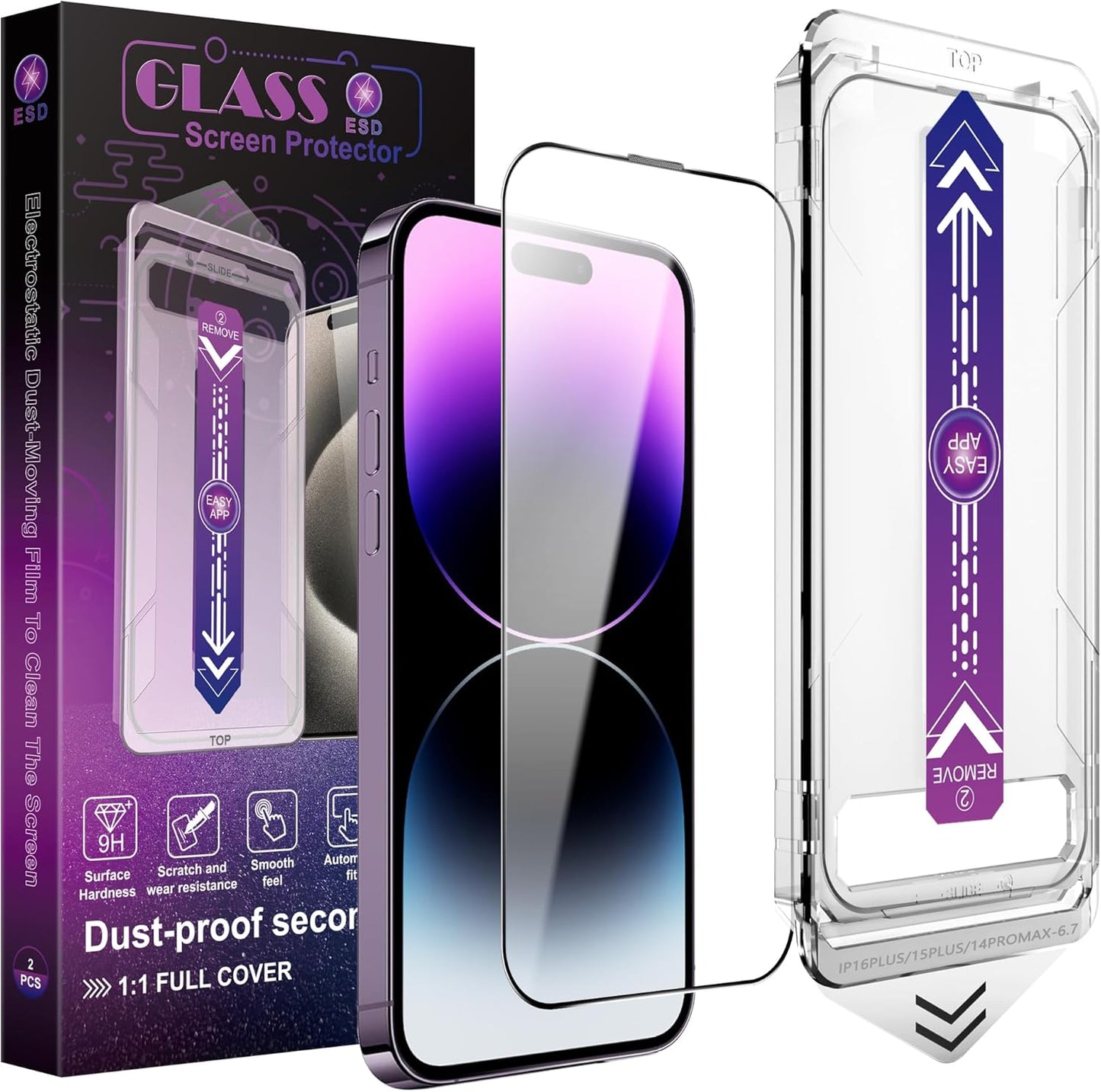 2 Pack Screen Protector for iPhone 14 Pro Max/iPhone 15 Plus/iPhone 16 Plus, 9H Tempered Glass, Full Coverage, Anti-Fingerprint, Auto Dust-Elimination, No Bubble, Easy Installation