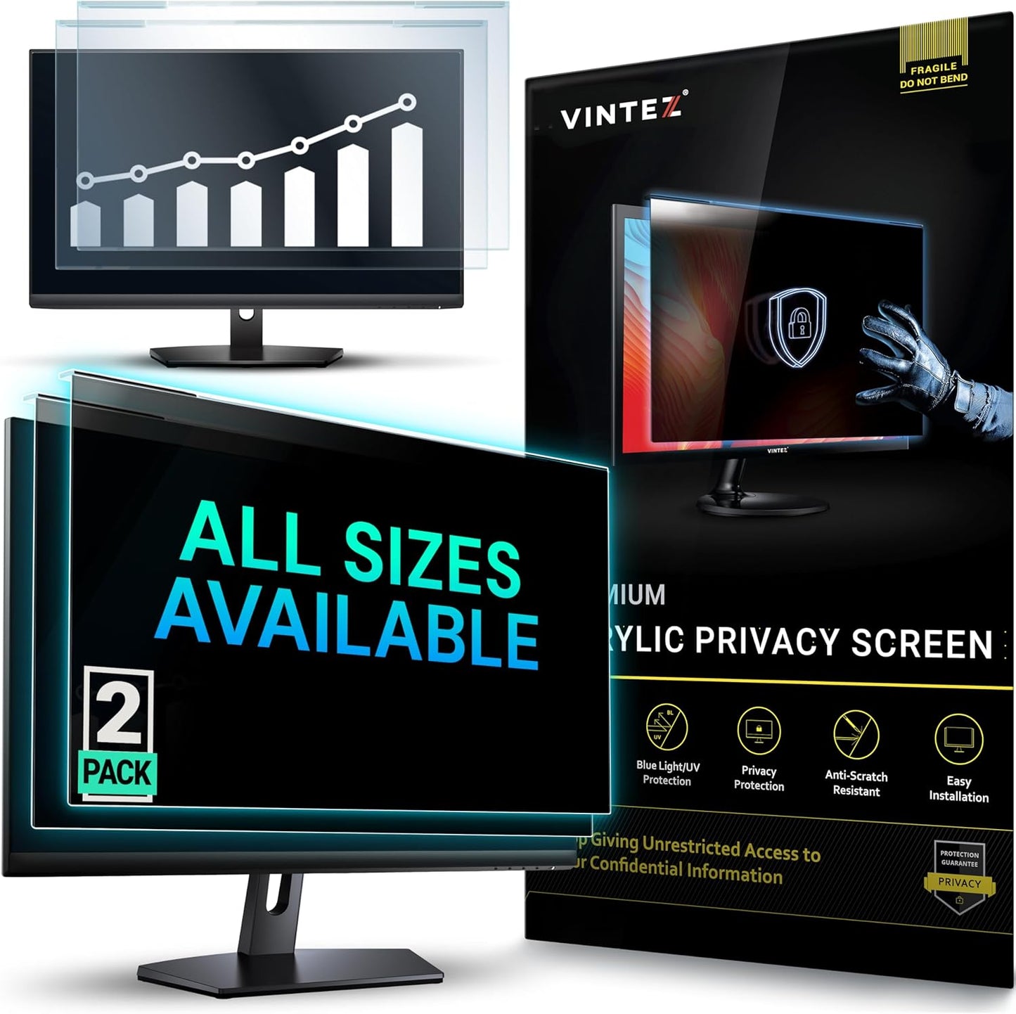 Universal 23"-24" - 23", 23.6", 23.8", 24" - 16:9/16:10 Aspect Ratio - 2 Pack - Computer Privacy Screen Filter for Widescreen Computer Monitors - 21.2"x13.4" = 541x342mm - Monitor Frame Hanging Type