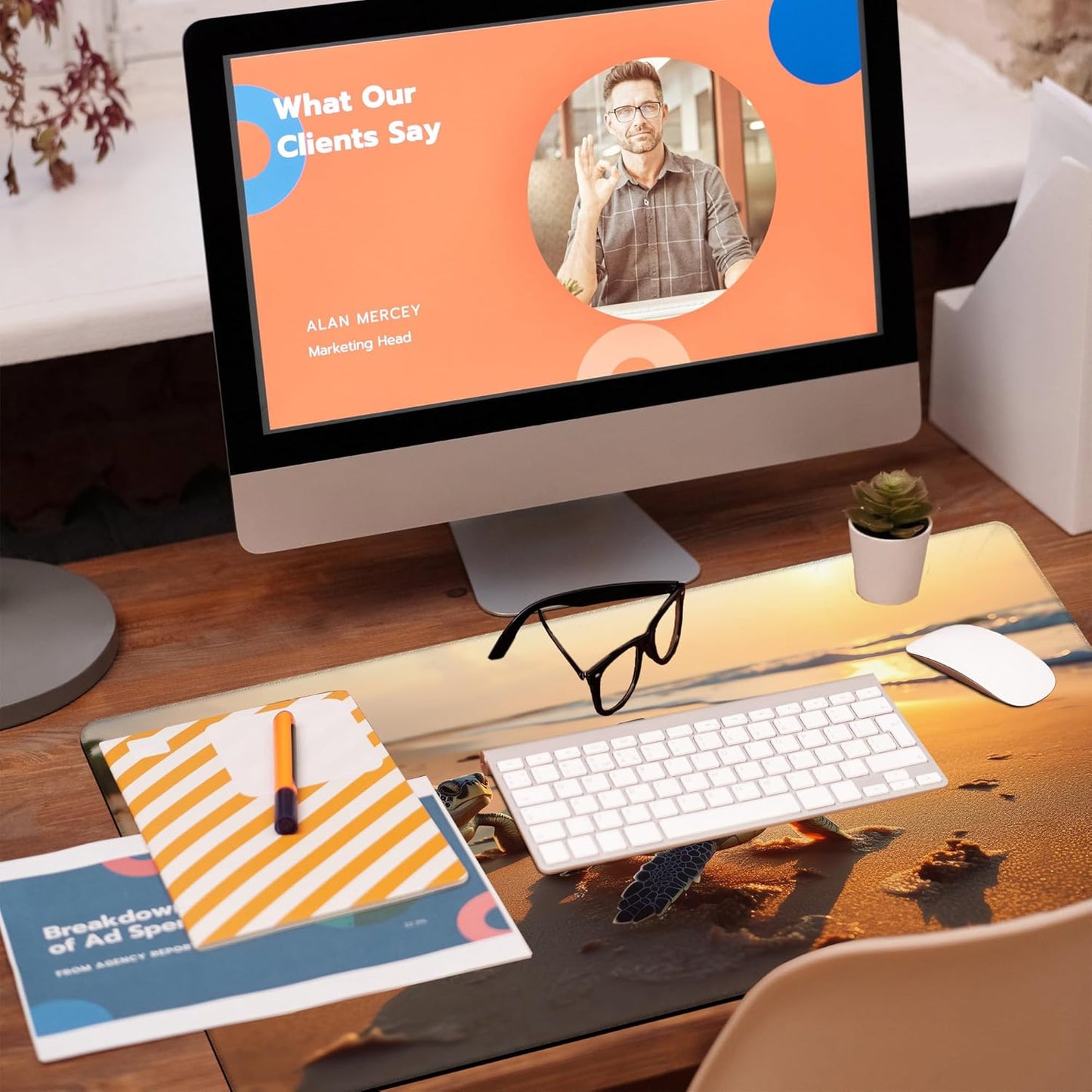 Large Gaming Mouse Pad for Desk, Baby Turtles On Beach Desk Mat, Cute Sea Turtle Desk Pad, 31.5"x15.7" Extended Big Computer Keyboard Mouse Pad with Non-Slip Base and Stitched Edge