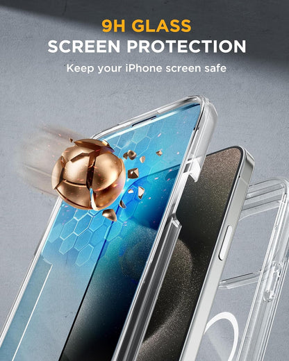 Miracase Magnetic for iPhone 15 Pro Case Full-Body Bumper Phone case with Built-in Glass Screen Protector& Camera Protector, [Compatible with MagSafe] Military Drop Proof 15 Pro Cover 6.1 inch,Clear