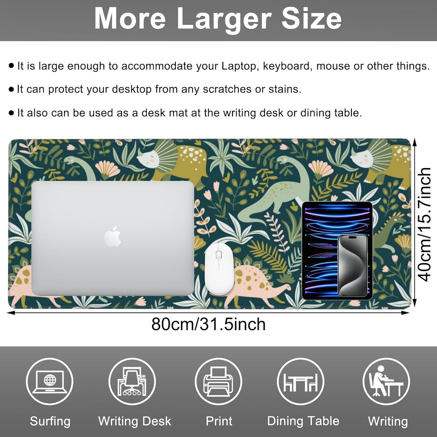 Mouse Pad, Large Dinosaurs with Tropical Plants Desk Mat, Extended Non-Slip Gaming Keyboard Mousepad Desk Pad, Thick Stitched Edges Waterproof Mouse Mat 31.5"x15.7" (Cute Dino and Flowers)